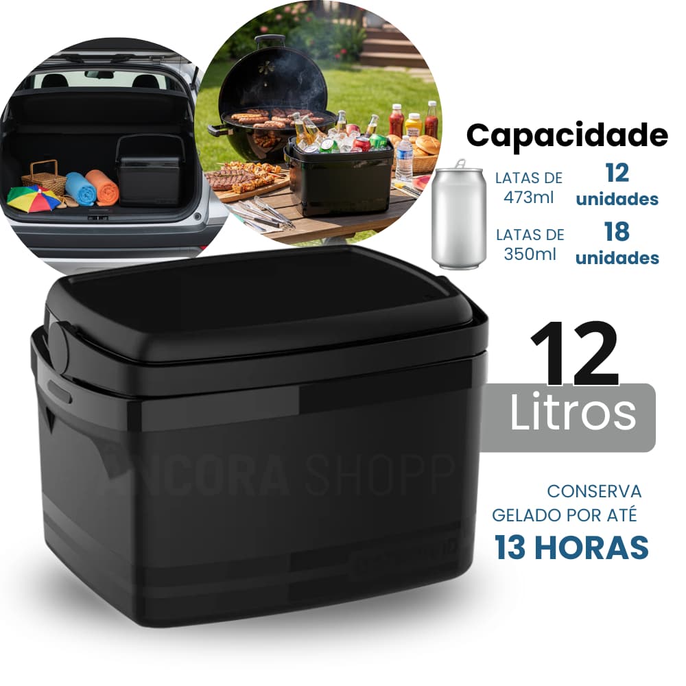 Caixa Térmica Cooler Porta Latas e Garrafa 12 Litros com Alça Preto Soprano