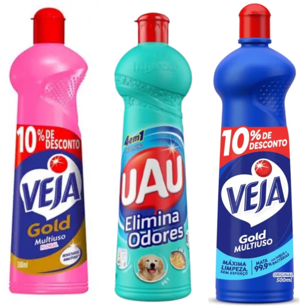 Kit Limpeza Veja UAU Completo Veja Multiuso Gold + Veja Flora + UAU Neutraliza Odores