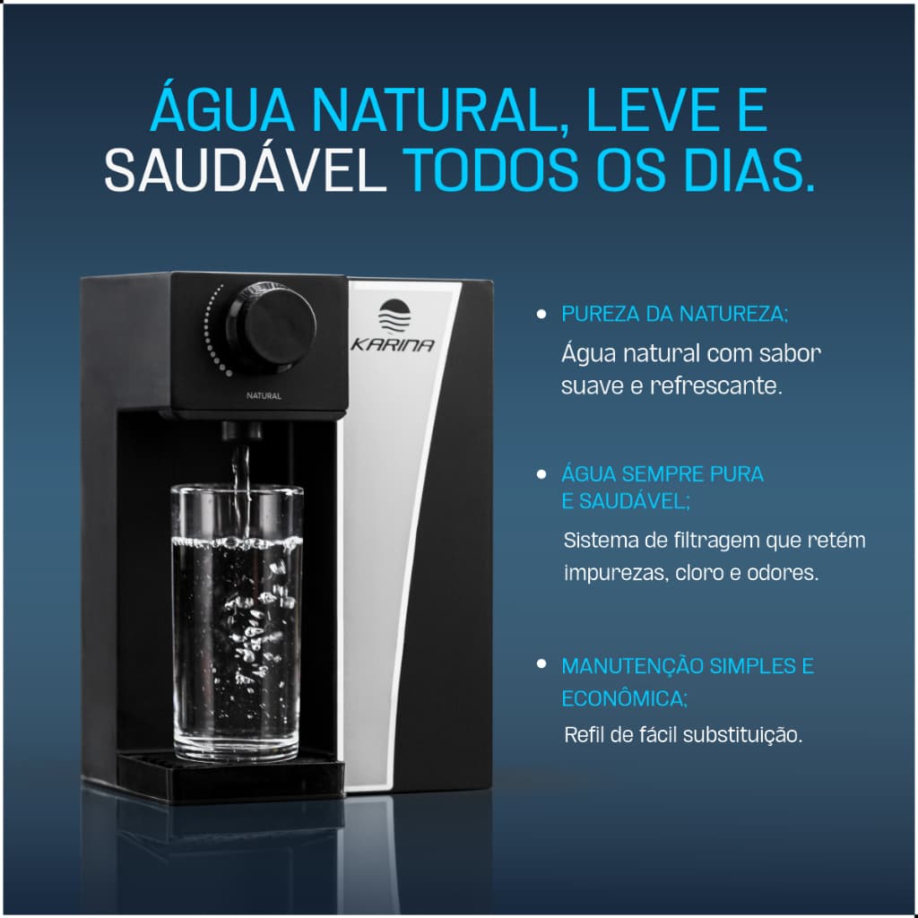 Purificador de água de bancada preto, não elétrico, com sistema de filtragem eficiente