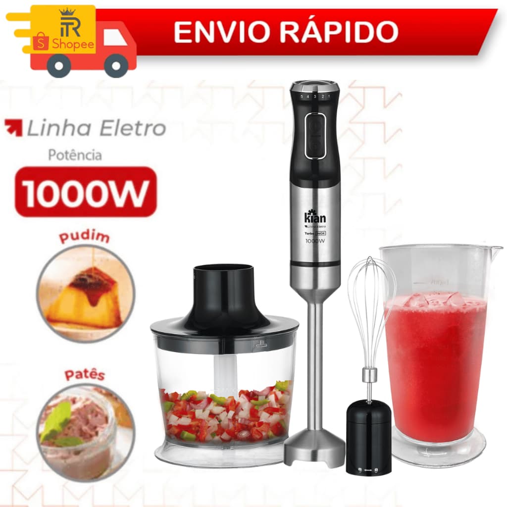 Mixer Turbo 1000W 3 em 1 Misturadora Triturador Fuet  Processador Alimentos Multifuncional 4 Lâminas