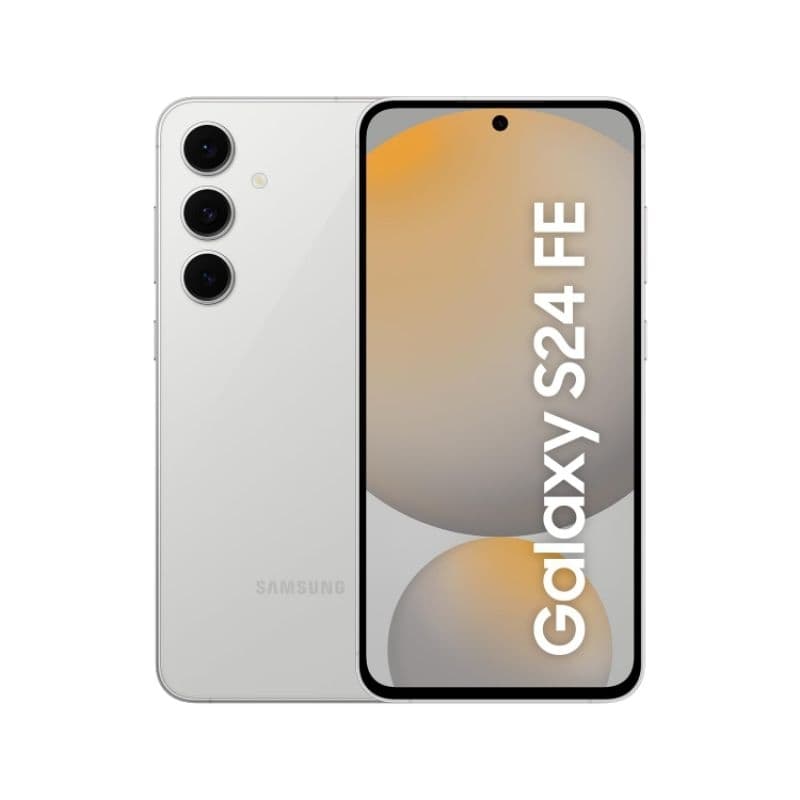 Visão traseira do Samsung Galaxy S24 FE em cinza com câmera traseira tripla e tela AMOLED