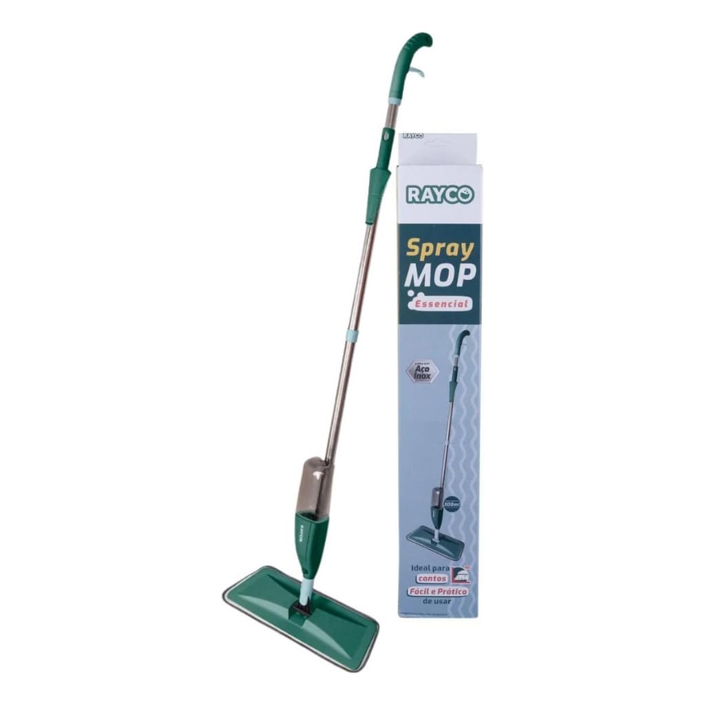 Esfregão mágico com reservatório giratório 360° Rayco, verde e cinza, com pano de microfibra, em fundo branco.