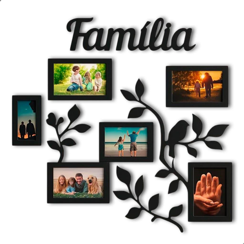 Painel Porta-Retrato Família em MDF Preto – Quadro Decorativo de Parede Moderno para Fotos e Decoração