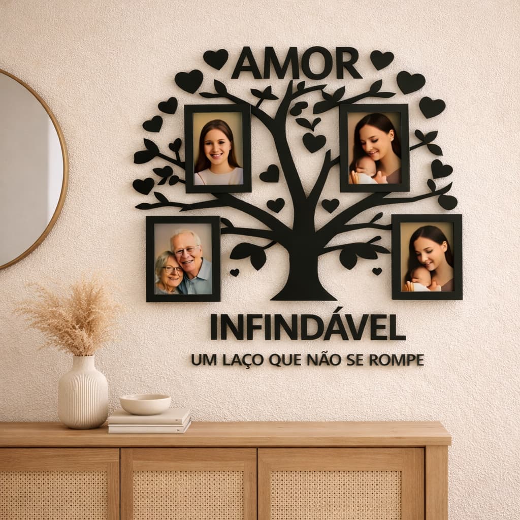 Decoração de parede em forma de árvore com porta-retratos pretos e texto 'AMOR INFINDÁVEL UM LAÇO QUE NÃO SE ROMPE'.