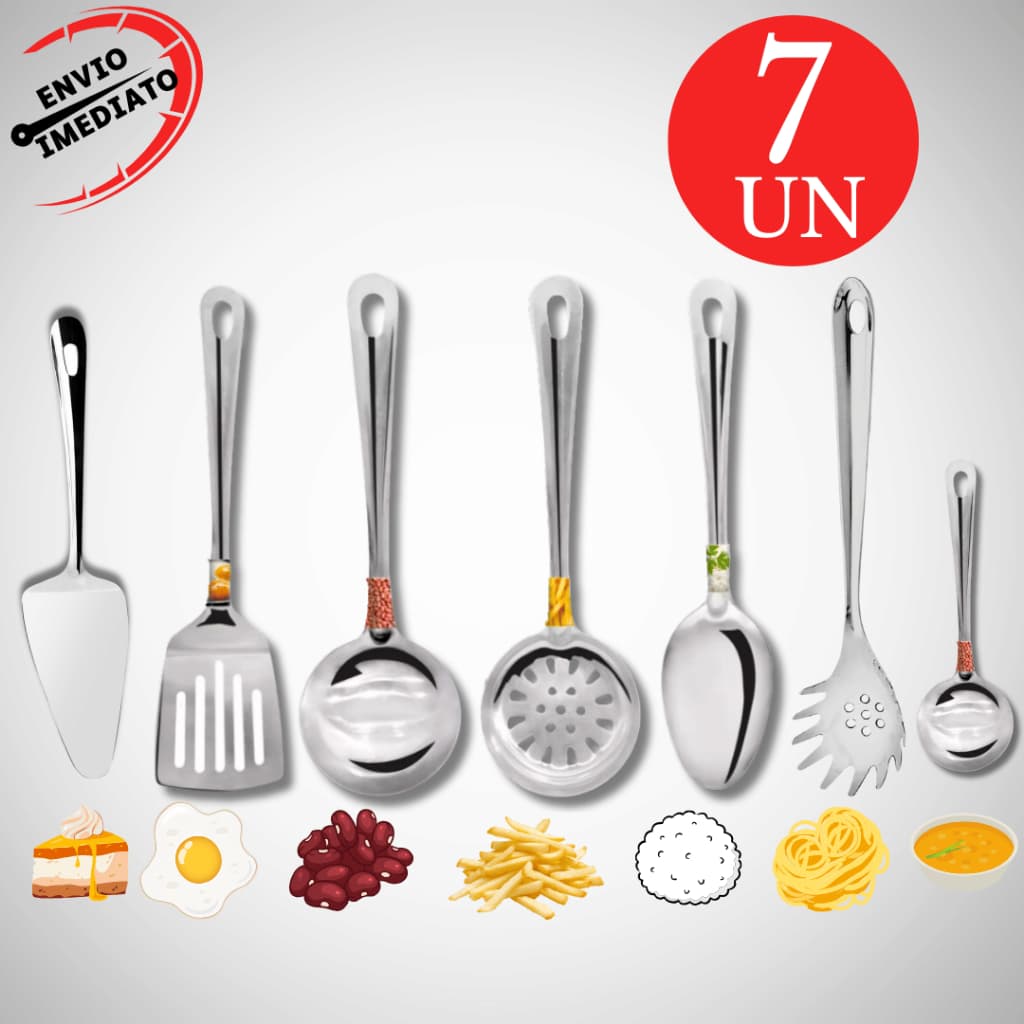 Kit 7 Utensílios de Cozinha Inox - Concha, Colher, Escumadeira, Espatula, Massa e Mini Concha