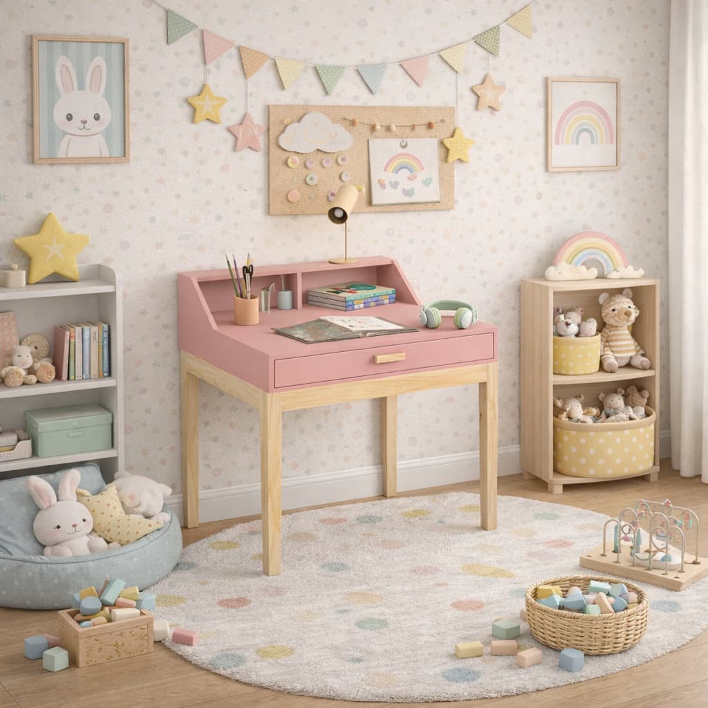 Escrivaninha infantil rosa com gaveta e pés de madeira para quarto infantil