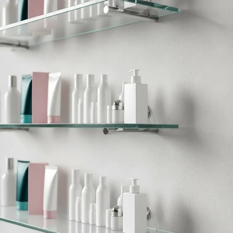 Prateleiras de vidro transparente com itens decorativos e cosméticos