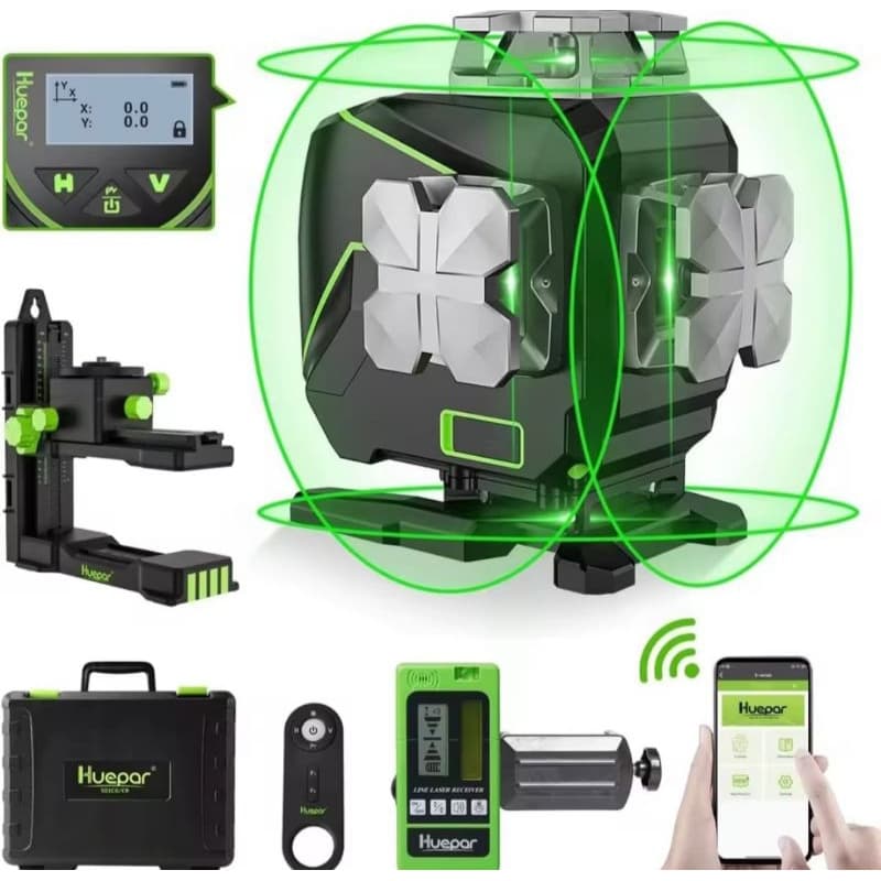 Nível a Laser 16 Linhas Huepar Verde com Maleta, Controle e Receptor