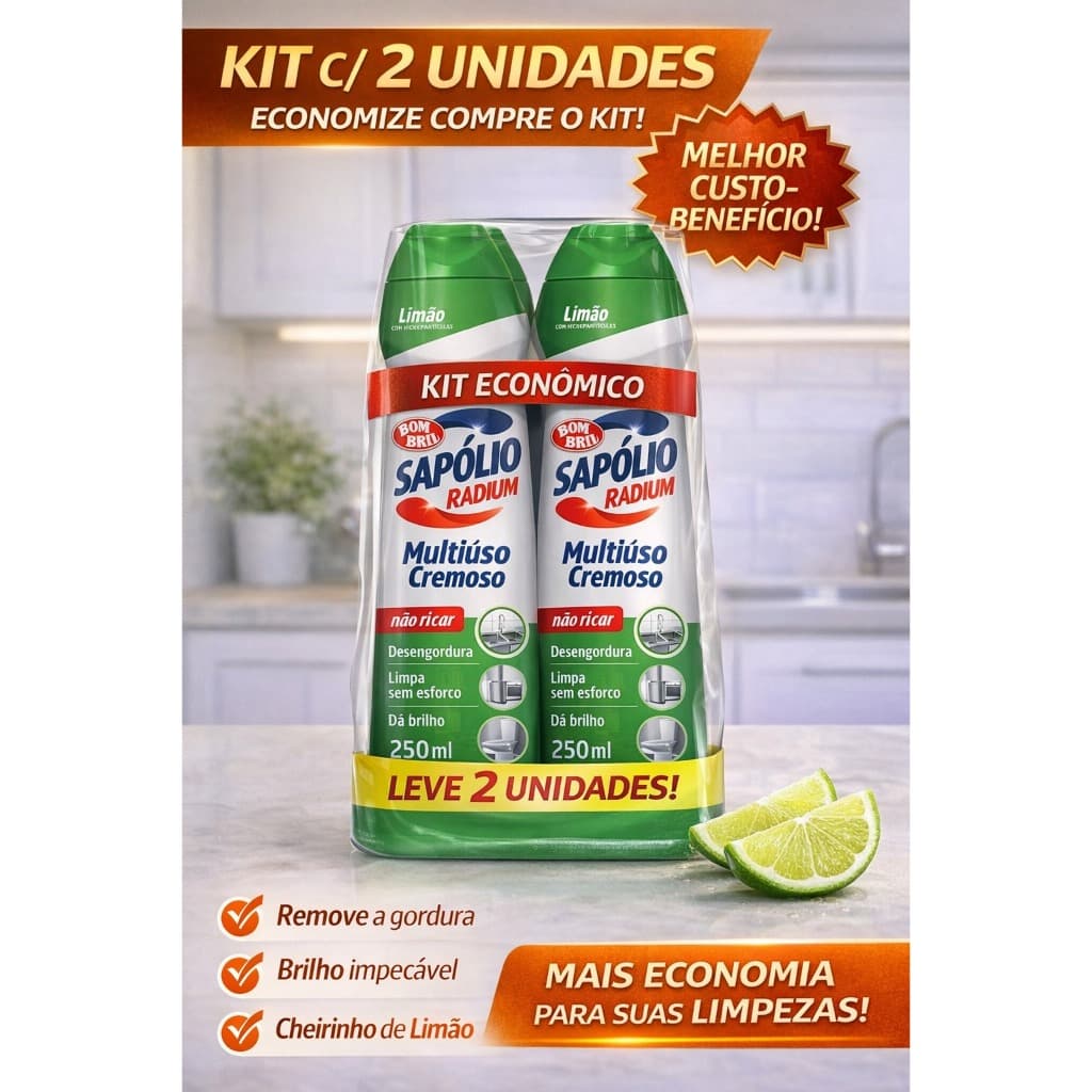 Kit com 2 Sapólio Radium Cremoso Limão Bombril 250ml, limpeza e brilho impecável