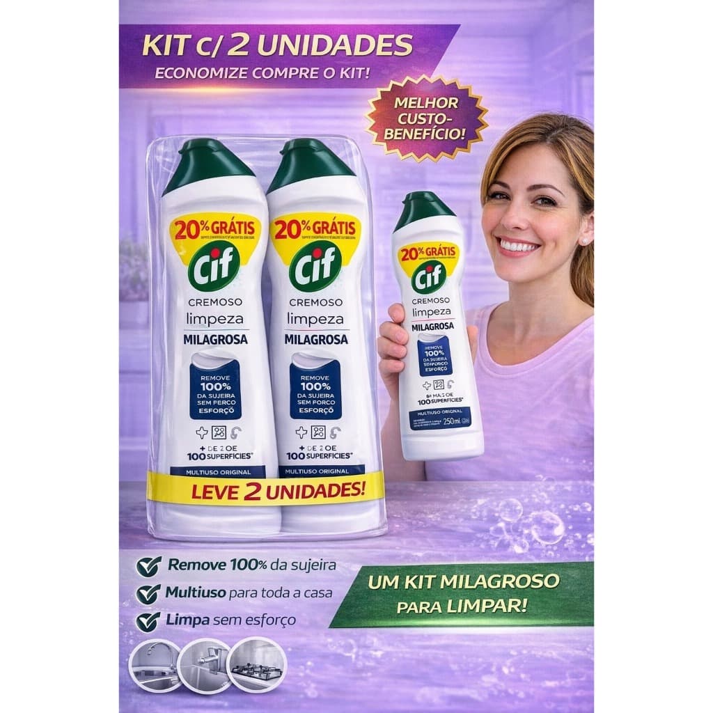kit com 2 Cif Cremoso Limpeza Milagrosa 250ml  A Limpeza Profunda Que Sua Casa Precisa!