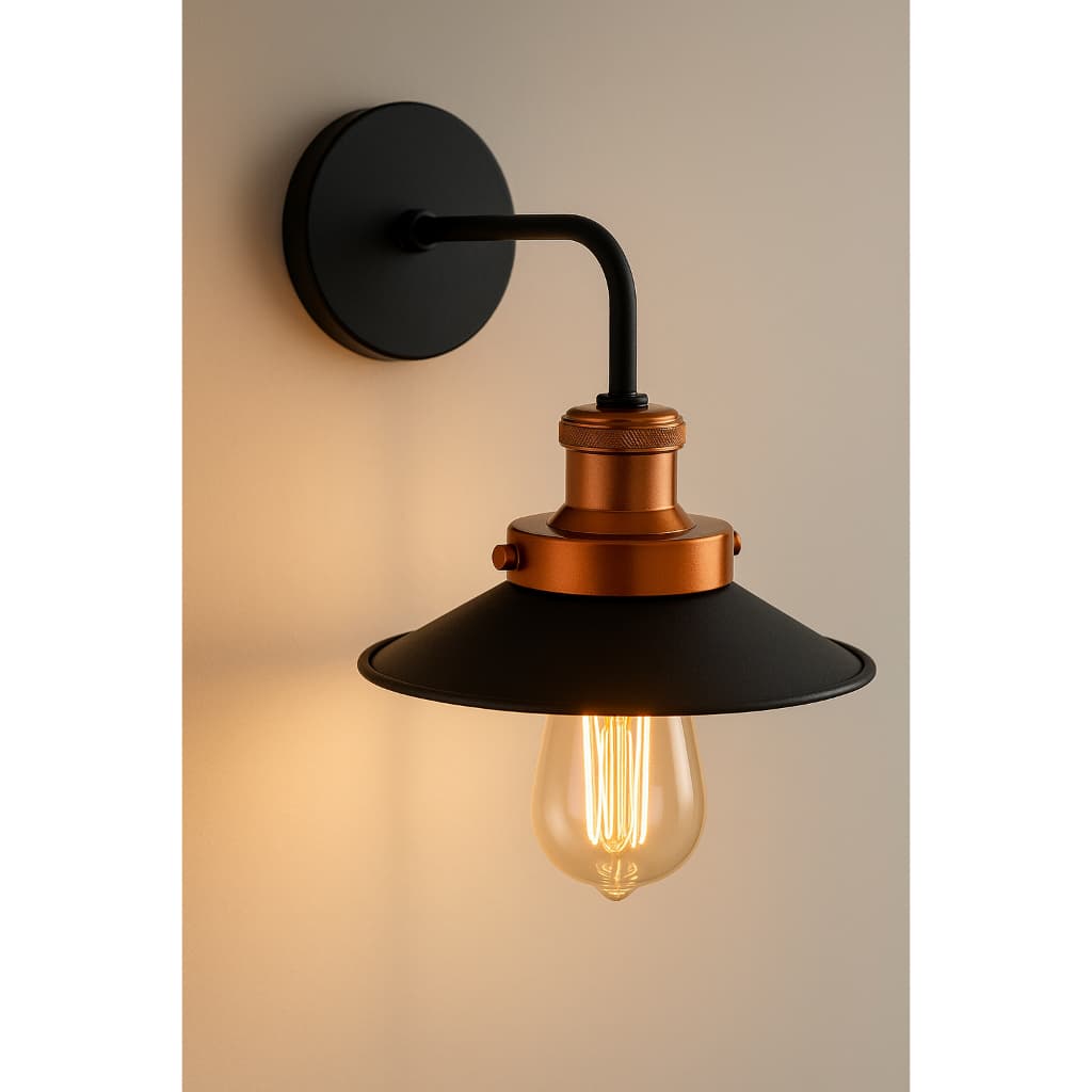 Arandela de parede vintage industrial com cúpula cobre e corpo preto
