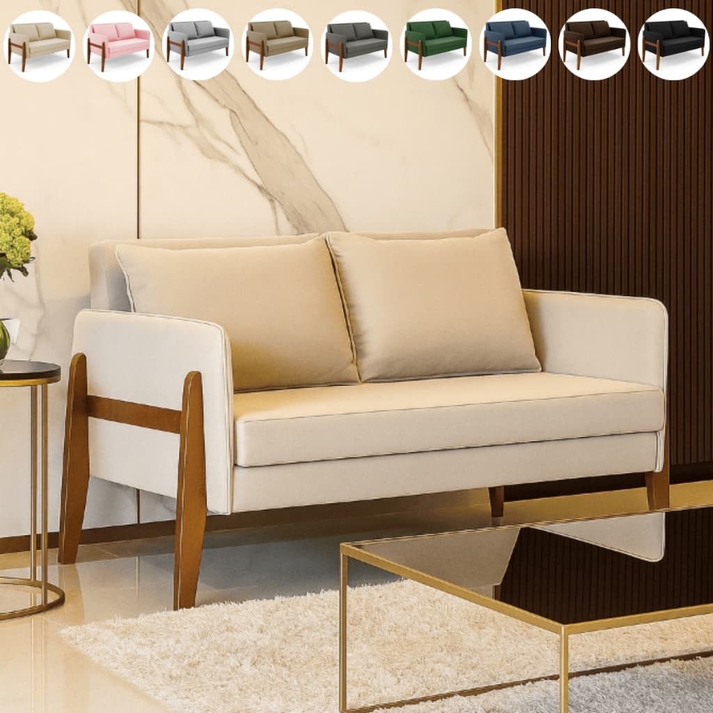 Sofá namoradeira 2 lugares em suede bege com base de madeira em sala moderna com mesa de centro e tapete