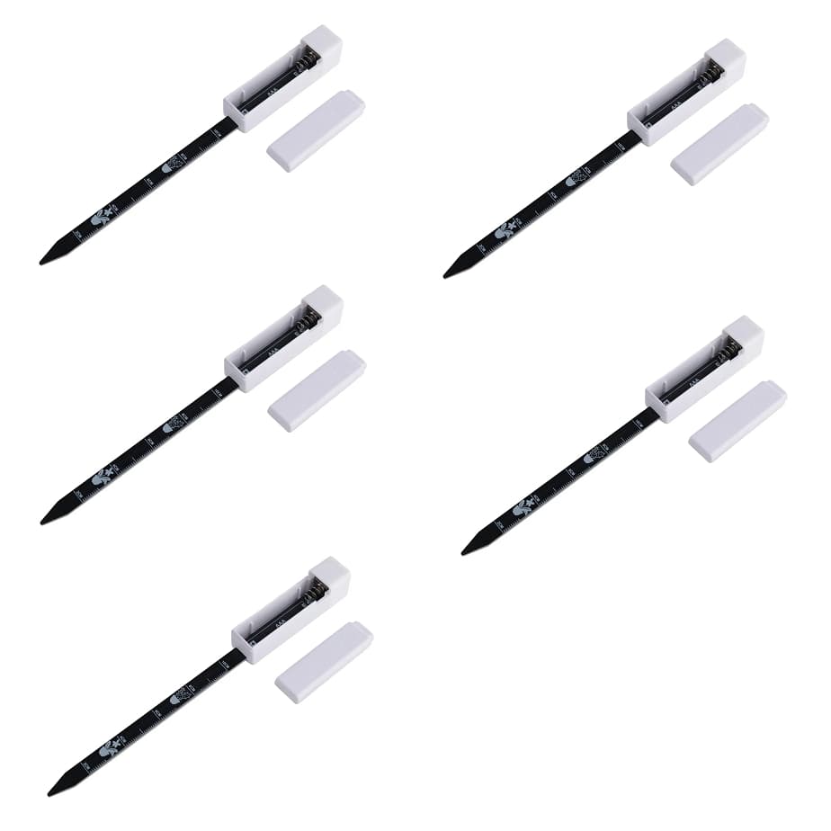 Cinco medidores de umidade de solo com indicador luminoso em fundo branco