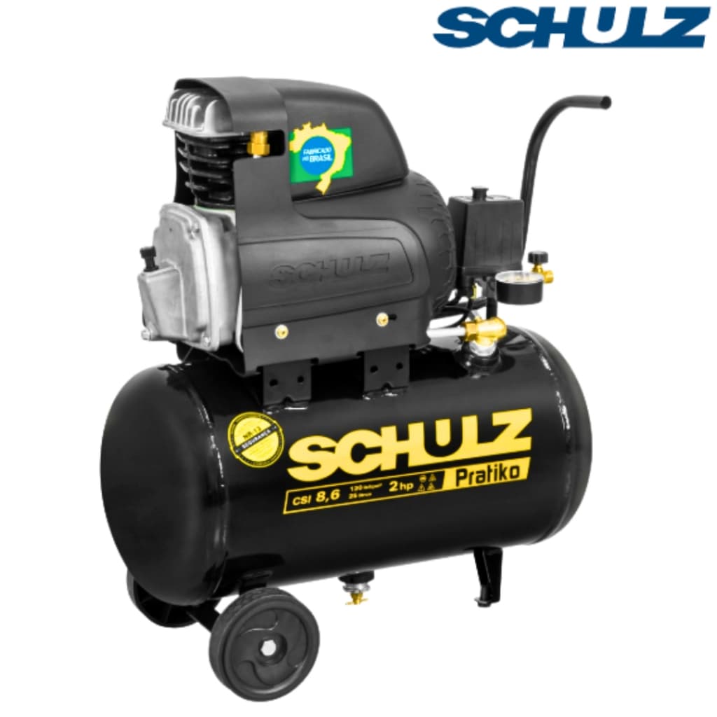 Compressor de ar Schulz Pratiko preto com detalhes amarelos e prata, 8,6 pés, 25L, 2 hp, 120 libras, 220V