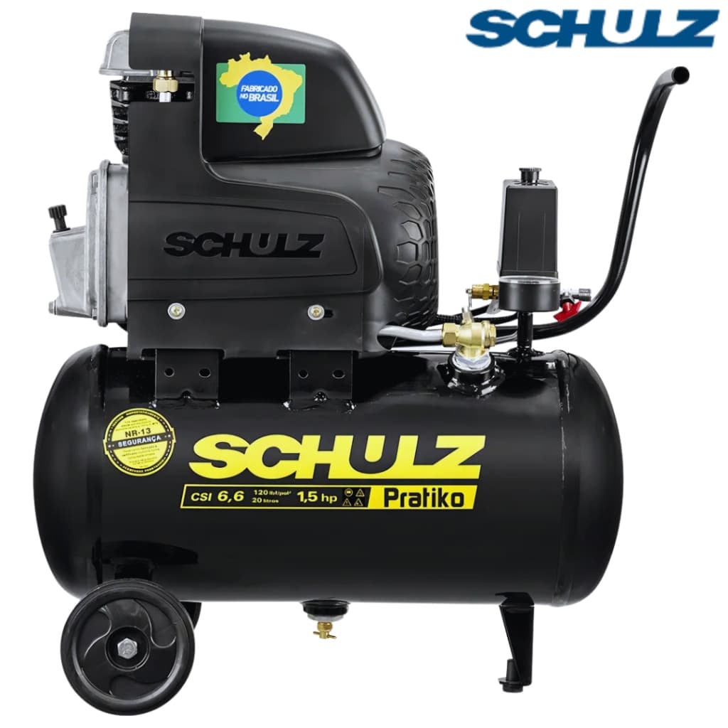 Compressor de ar monofásico Schulz CSI 6,6 20 litros, preto com detalhes em amarelo, fabricado no Brasil