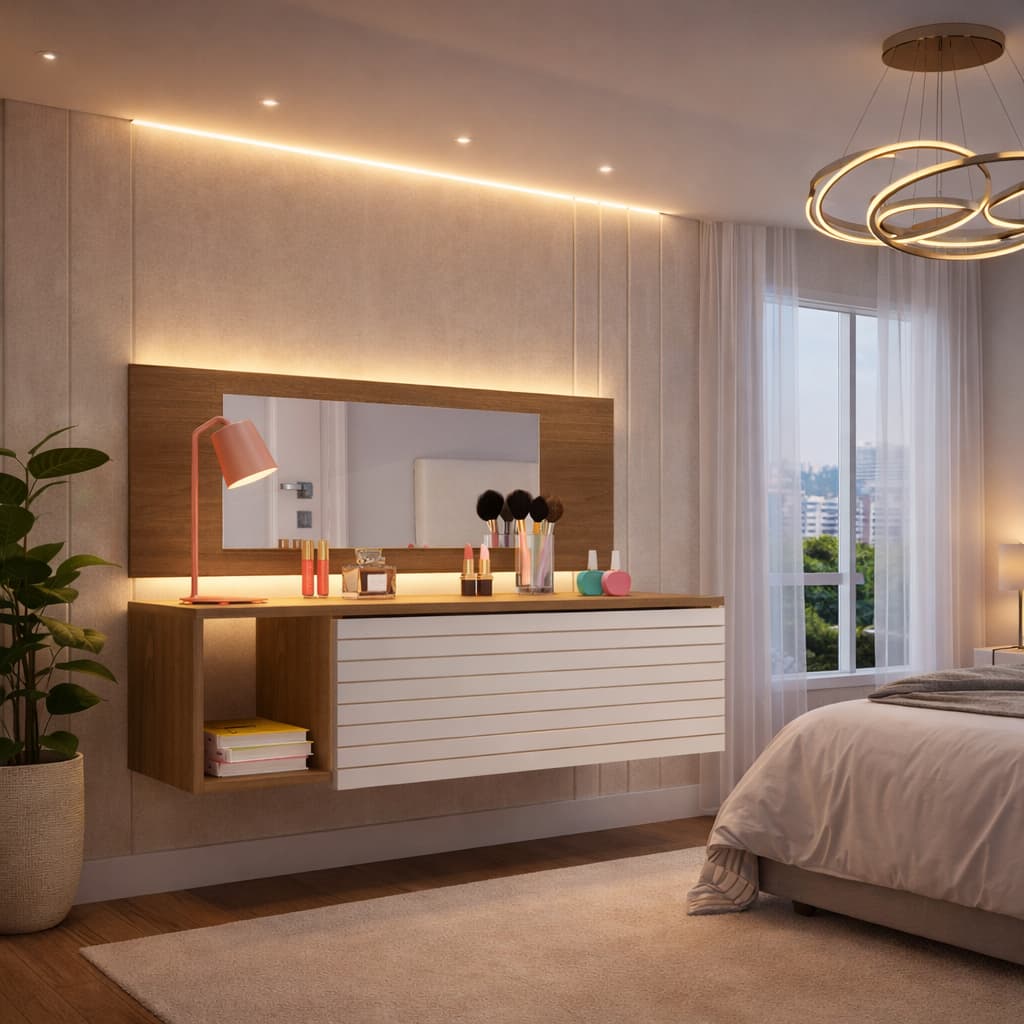 Penteadeira e escrivaninha suspensa com espelho em quarto, fundo bege, iluminação embutida, luminária rosa, cosméticos na prateleira.