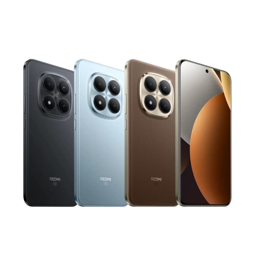 Xiaomi Redmi Note 15 Pro+ em quatro cores: preto, azul, marrom e bronze gradiente, mostrando a câmera traseira quadrada.