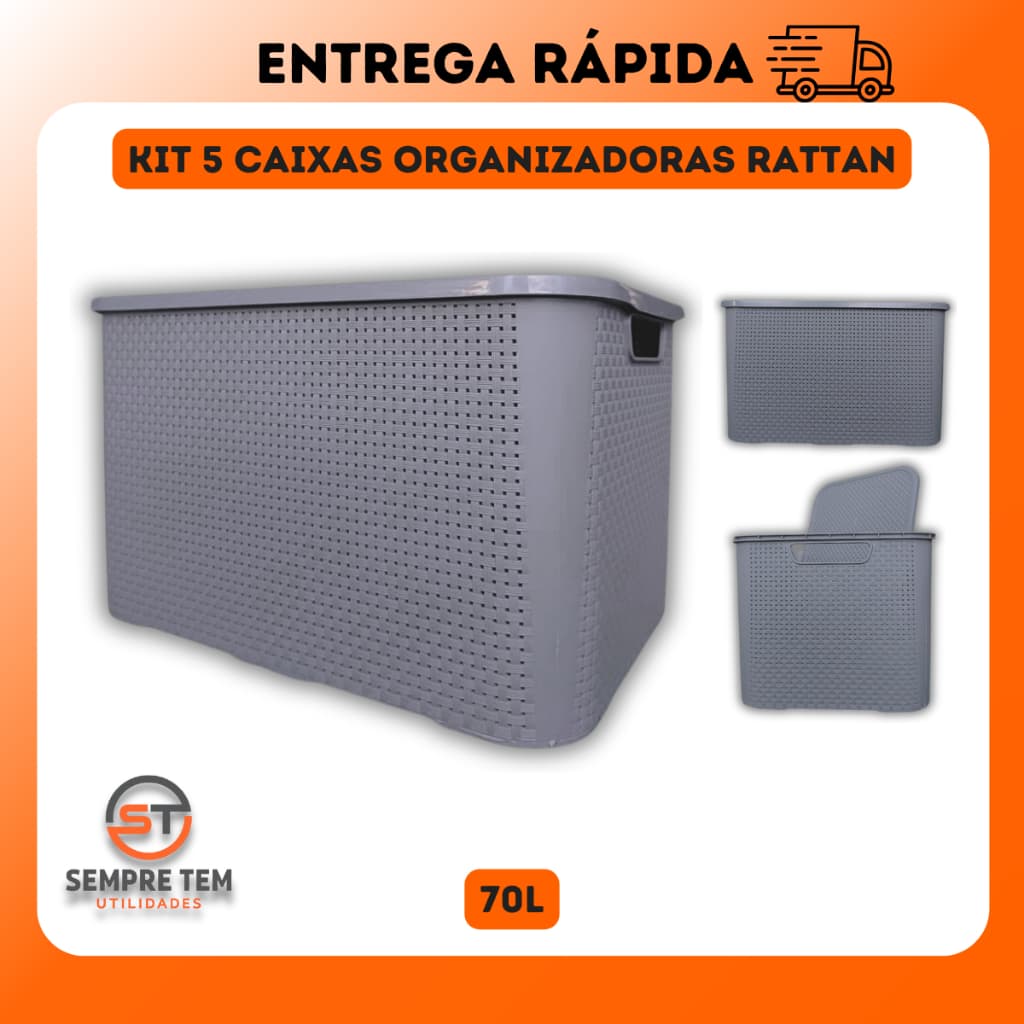 Kit 5 X Caixa Organizadora Rattan 70 Litros Grande Cesto Organizador Multiuso Plastico Reforçado 70L