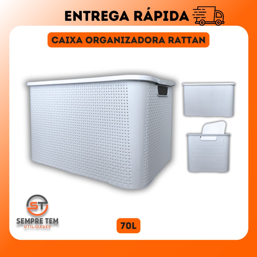 Caixa Organizadora Rattan 70 Litros Cesto Plastico Multiuso Empilhável Brinquedo Roupa Quarto
