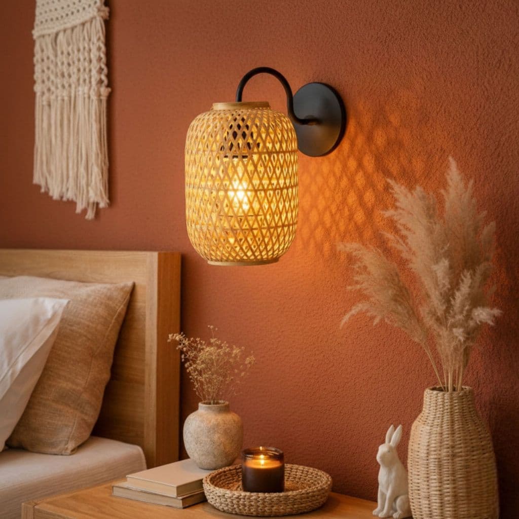Arandela de parede em bambu trançado, estilo boho, iluminação amarela.