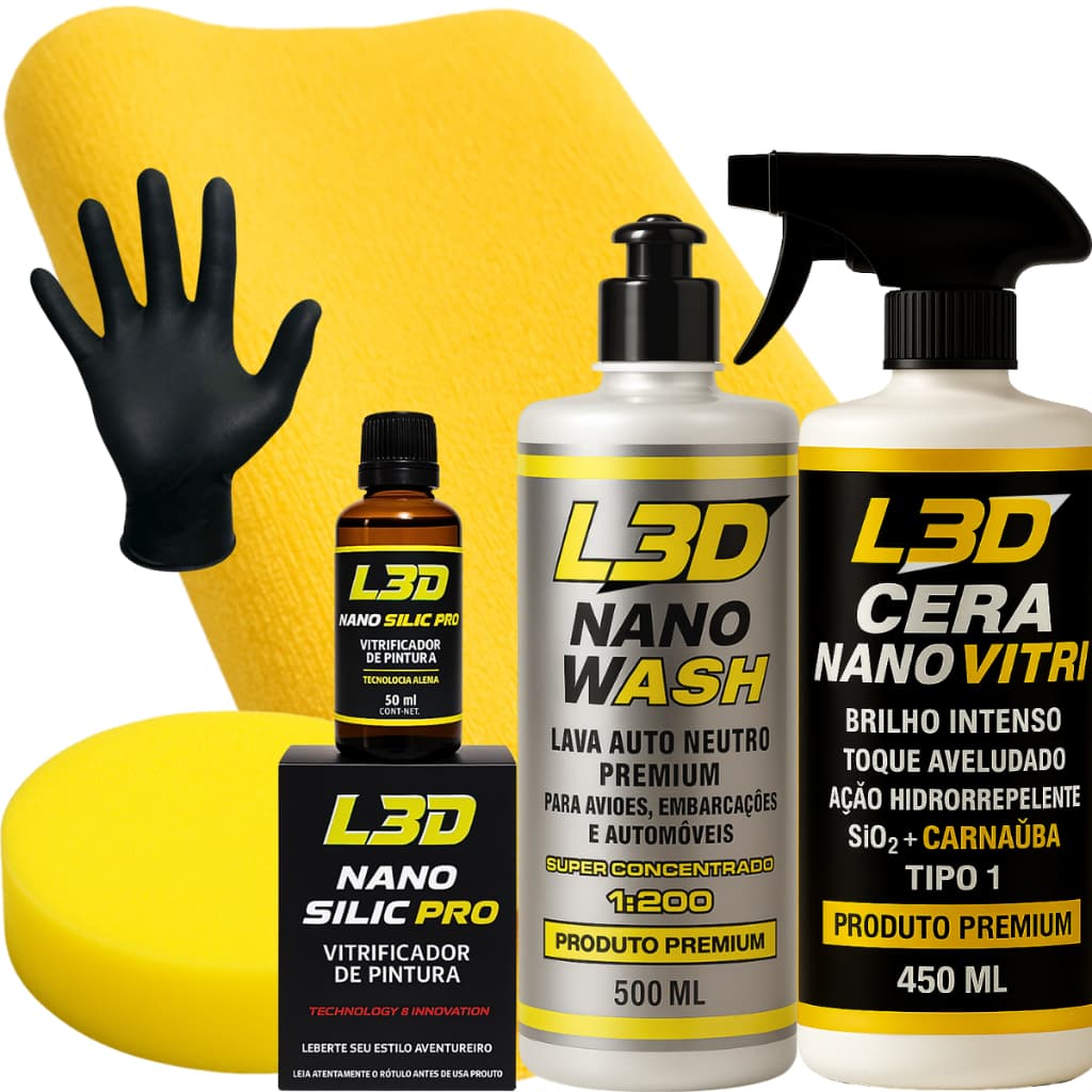 Kit de produtos automotivos L3D com nano wash, cera nano vitri e nano silic pro