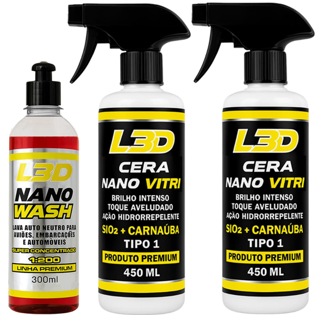 Garrafas de produtos automotivos L3D, incluindo cera e shampoo, em fundo branco.