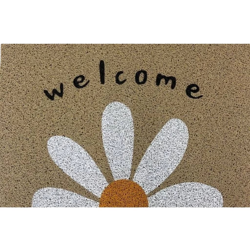 Tapete de entrada com estampa de margarida, fundo marrom e texto 'Welcome' em preto.
