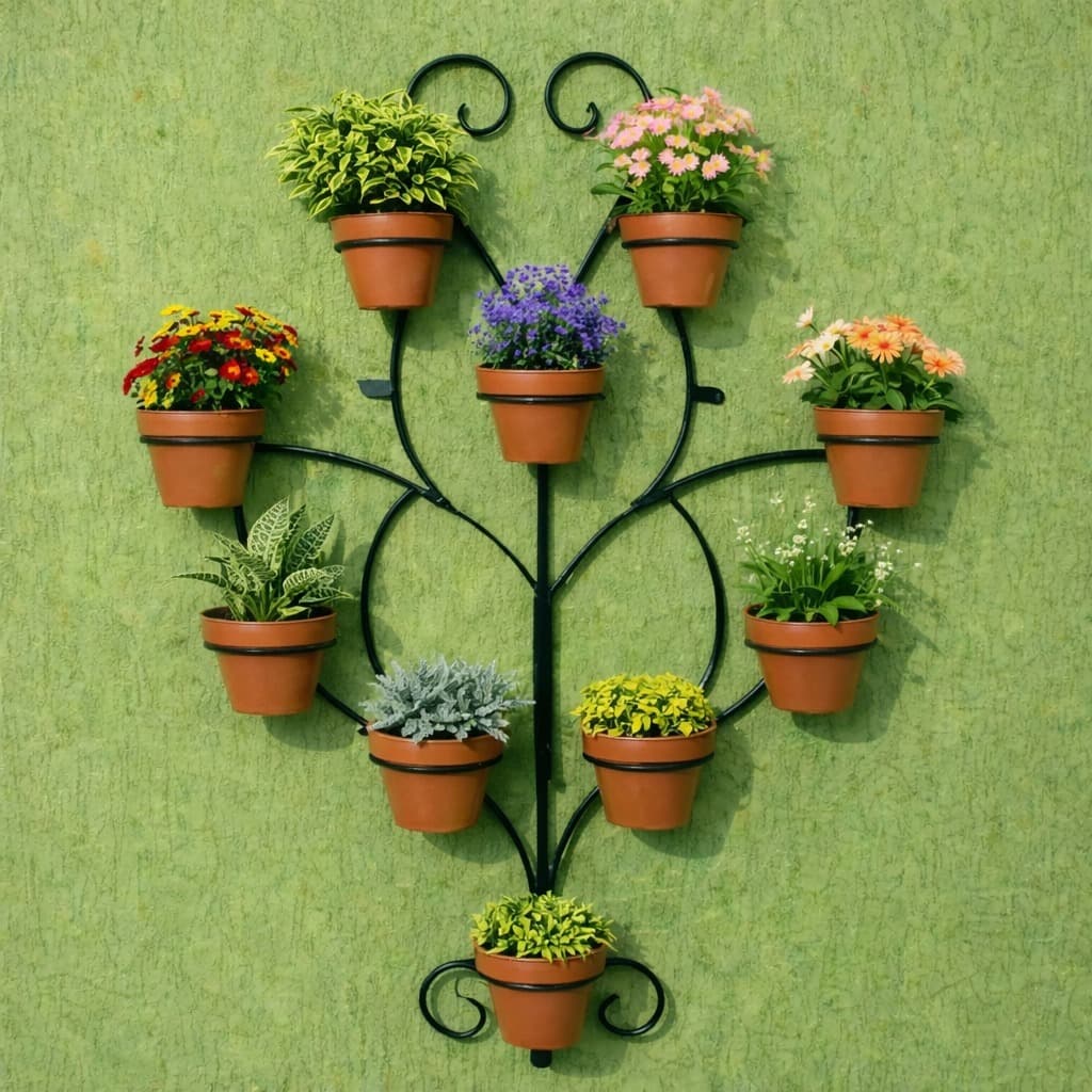 Suporte decorativo para plantas com 10 vasos de cerâmica marrom em estrutura preta