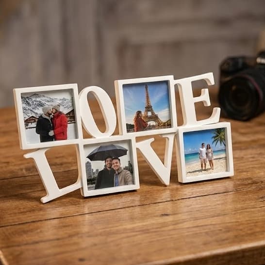 Porta retrato múltiplo branco 'LOVE' com 4 fotos em diferentes cenários