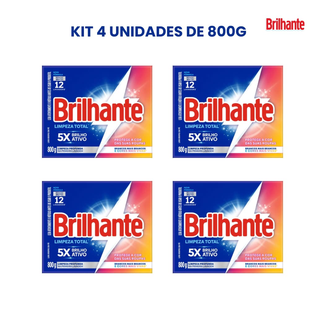Kit 4 caixas de sabão em pó Brilhante 800g, cores vibrantes, limpeza total, 5x brilho ativo