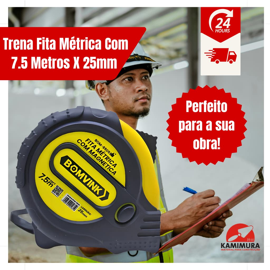 Trena fita métrica com gancho magnético 7,5 metros x 25mm marca Bom-6505