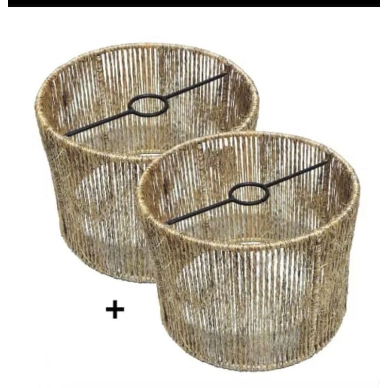 Kit com 2 luminárias pendentes artesanais de fibra natural de sisal, bege, com suporte preto