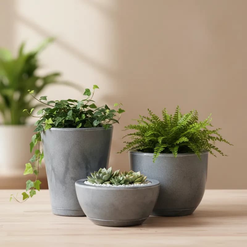 Kit de 3 vasos de plantas estilo vietnamita cinza, com plantas verdes, em fundo neutro