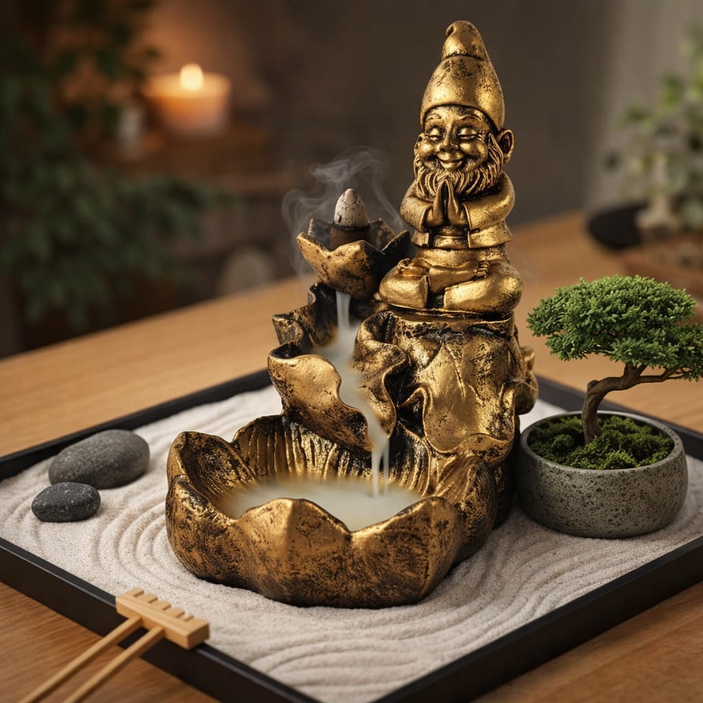 Incensário cascata duende zen resina dourada para decoração de mesa e sala