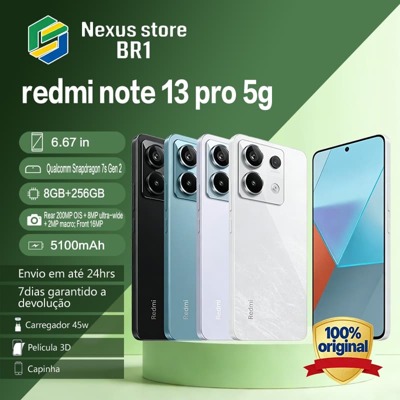 Anúncio do Xiaomi Redmi Note 13 Pro 5G com especificações técnicas e garantia