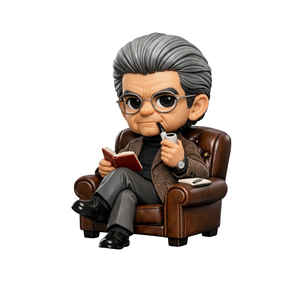 Miniatura de Jacques Lacan sentado em poltrona, segurando livro e pipa, fundo branco