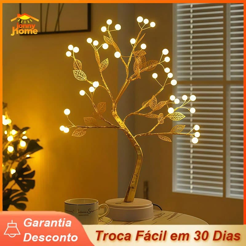 Luminária decorativa de mesa em forma de árvore com folhas douradas e luzes LED brancas