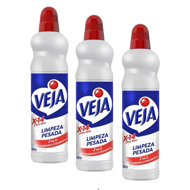 Kit com 3 garrafas de limpador Veja X-14, 500ml, limpeza pesada, 2 em 1