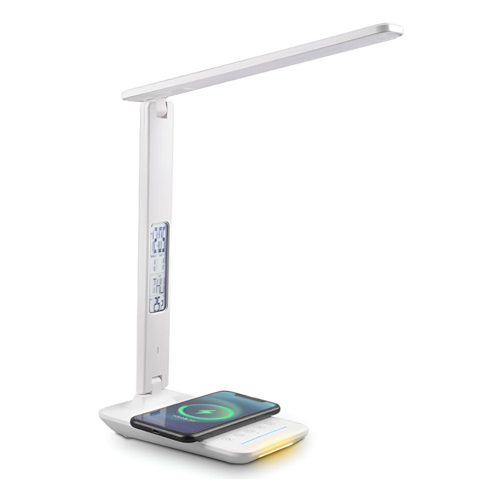 Luminária de mesa branca com sensor de toque, dobrável e LED, carregando smartphone