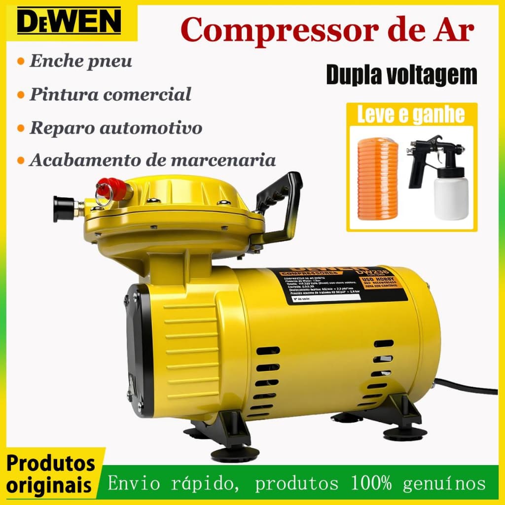 Compressor de ar direto 1/3HP 50PSI com acessórios DEWEN, em fundo branco