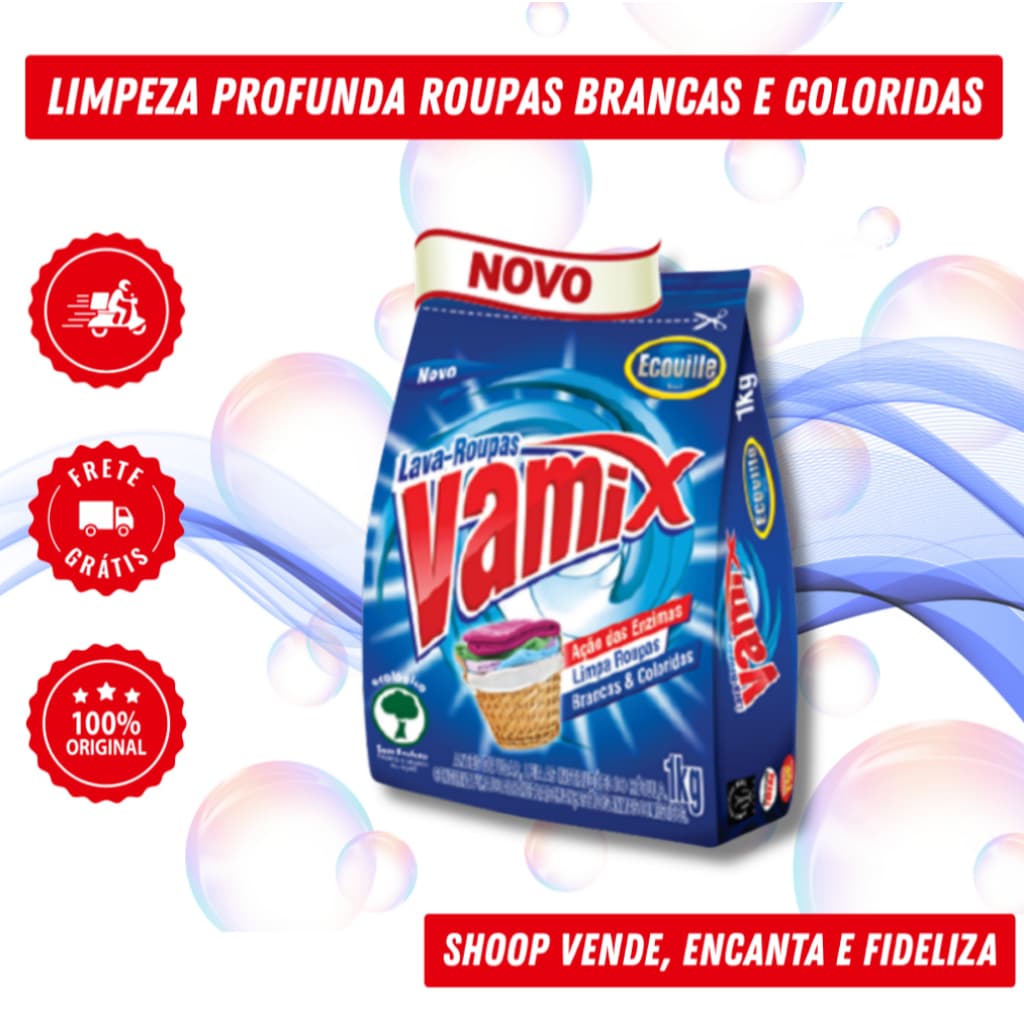 Saco de sabão em pó Vamix Ecoville 1kg para limpeza profunda de roupas brancas e coloridas