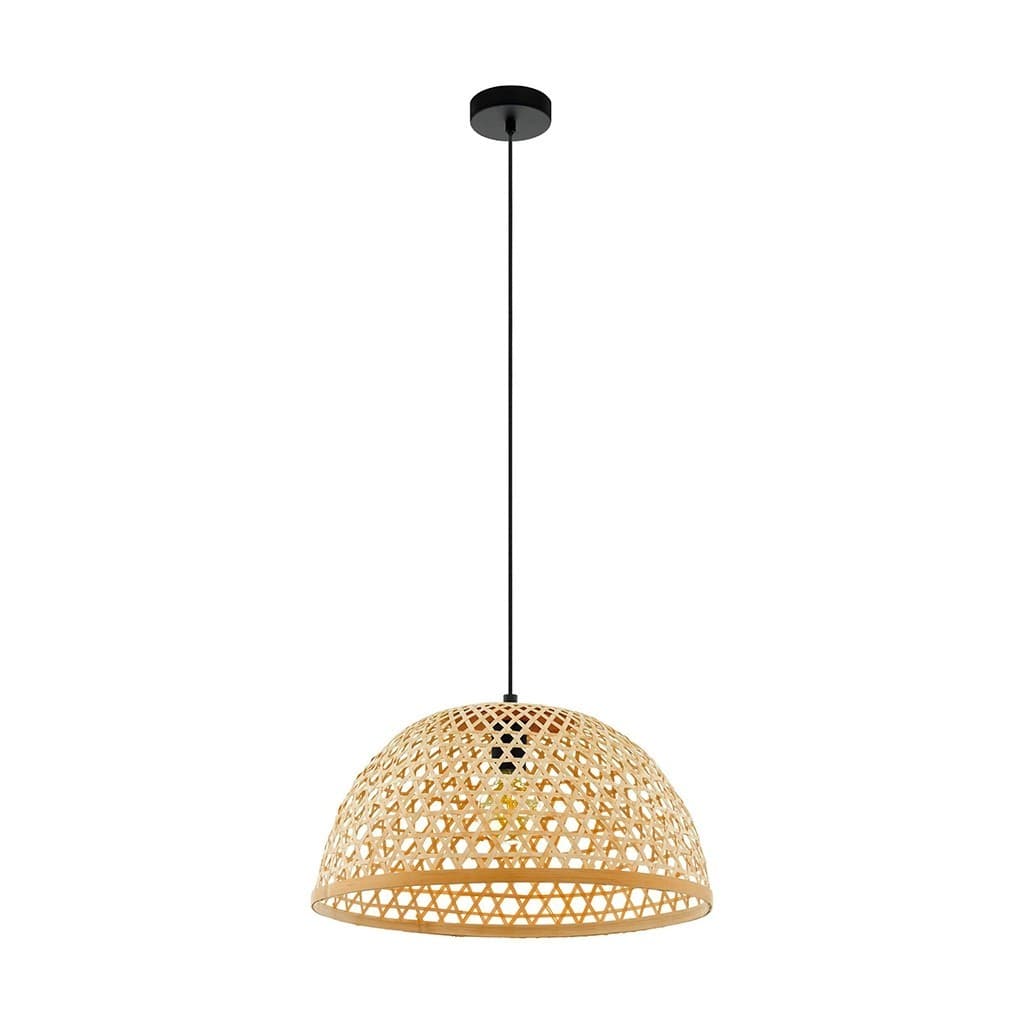 Pendente decorativo amadeirado com cúpula de bambu e haste preta