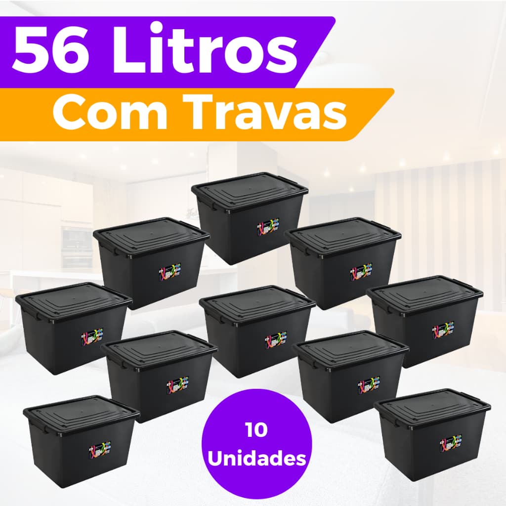 Kit de 10 caixas organizadoras pretas com tampas e travas de 56 litros cada