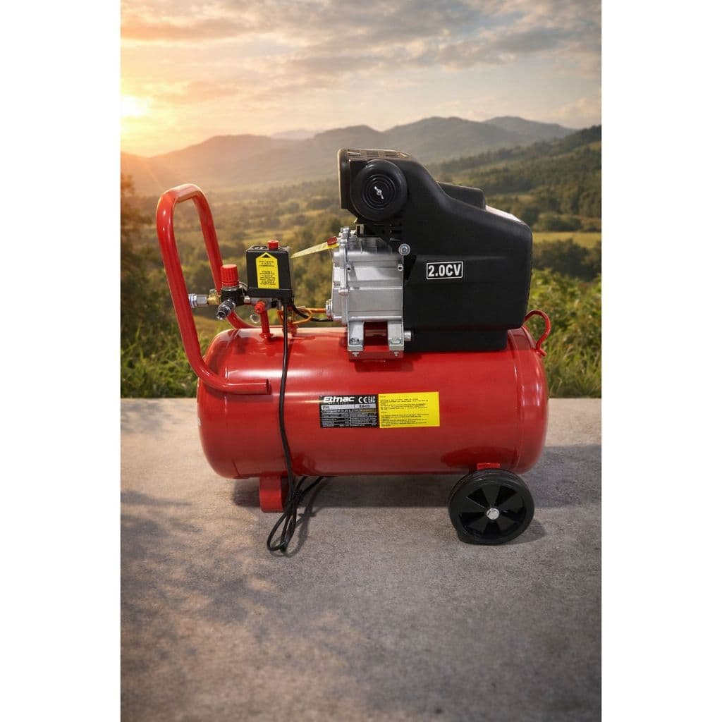 Compressor de Ar Elétrico Portátil Etimac Vermelho e Preto com Especificações Técnicas