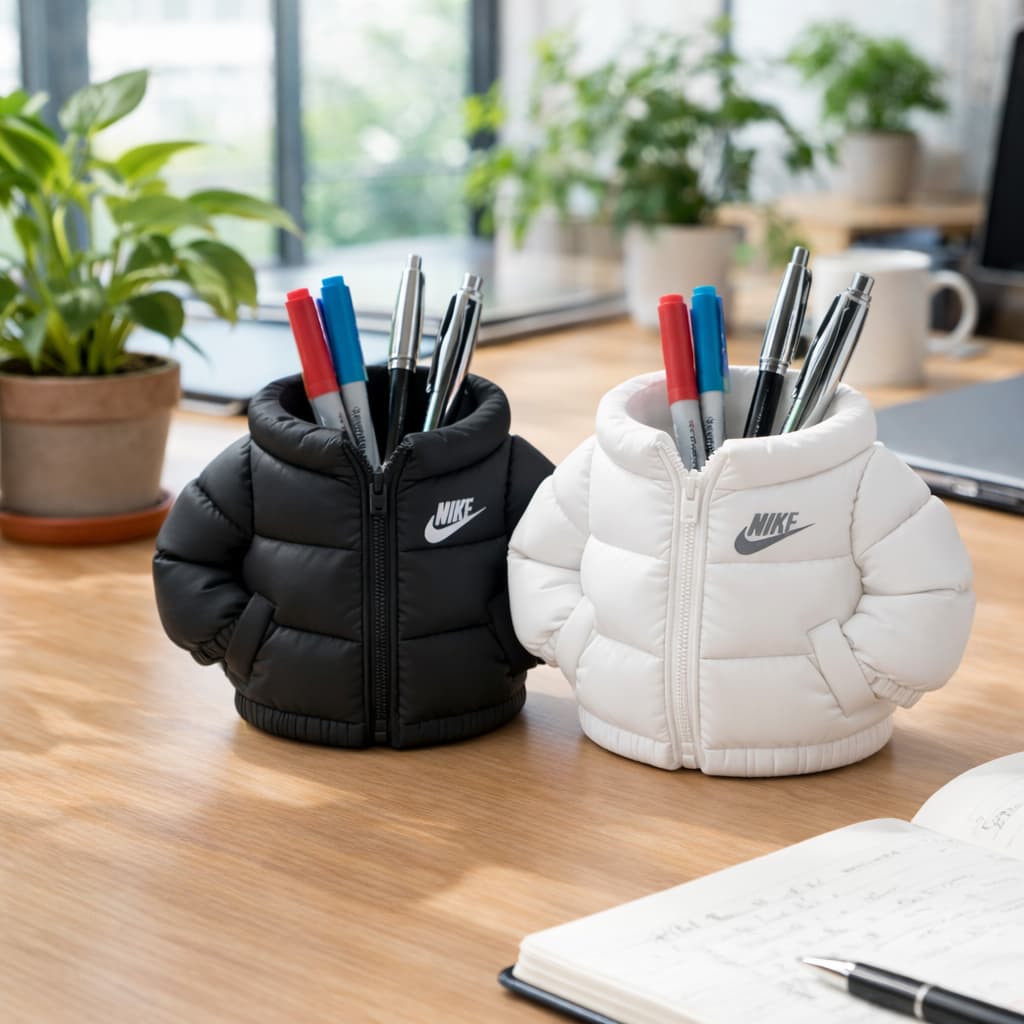 Porta canetas em forma de jaqueta preta e branca com logo Nike, organizadores de mesa para escritório