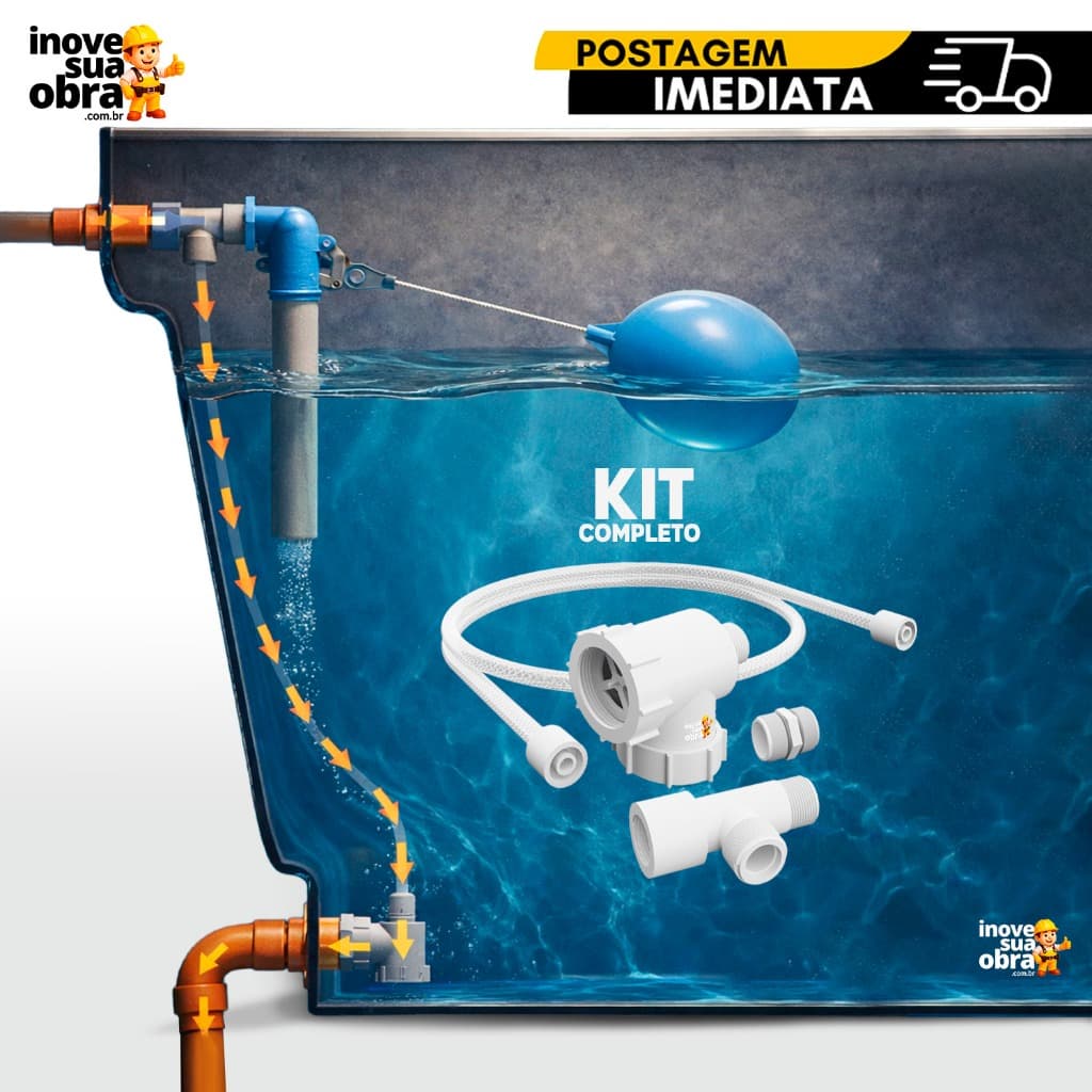 Kit completo de válvula transferidora de pressão para caixa d'água, sem gastos de energia, com componentes em azul e branco.