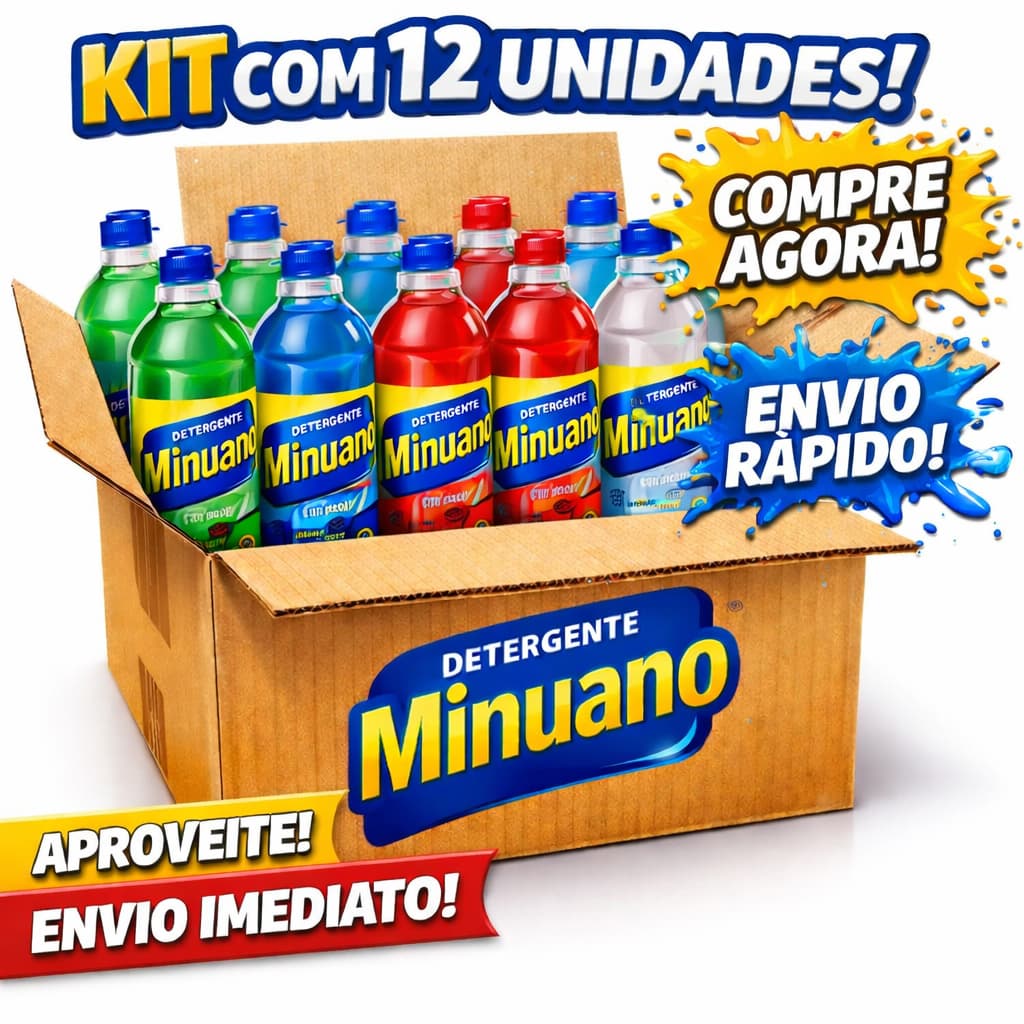 Kit com 12 unidades de detergente Minuano em cores diferentes em uma caixa aberta