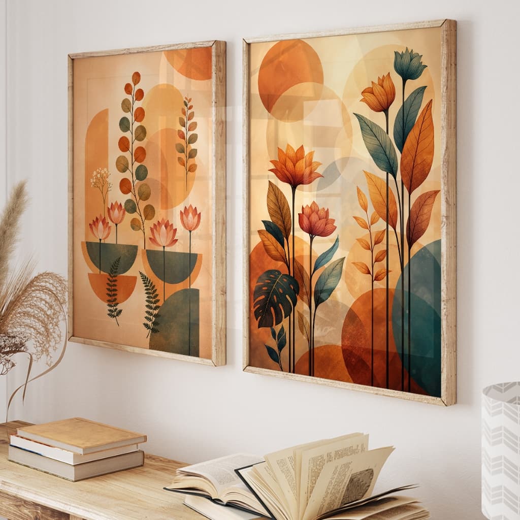 Kit 2 Quadros Decorativos Abstratos Botânicos Sala Quarto Duo Coleção Boho Abstrato Botânica Vidro