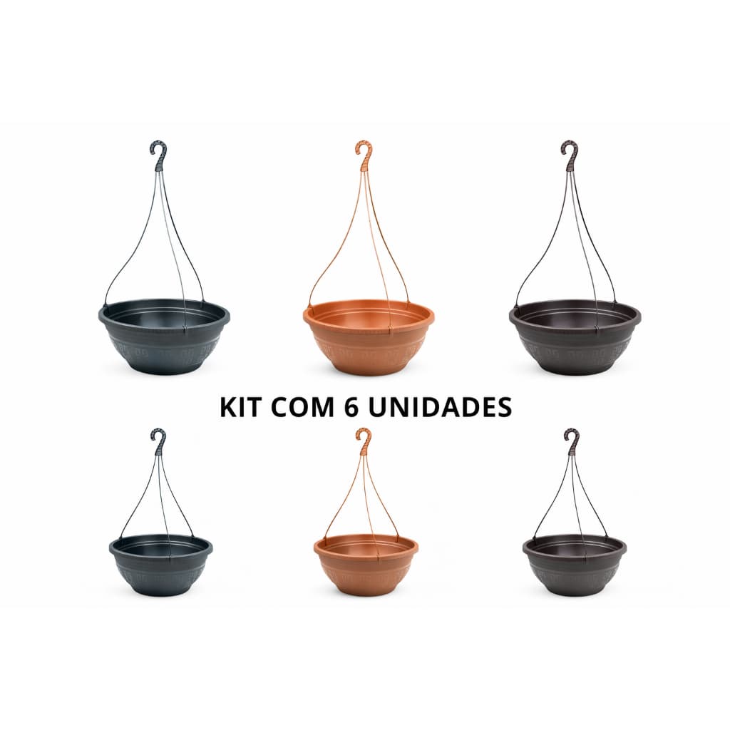 Kit 6 vasos suspensos redondos 6L com alça 50cm em cores preto, cinza, marrom e terracota