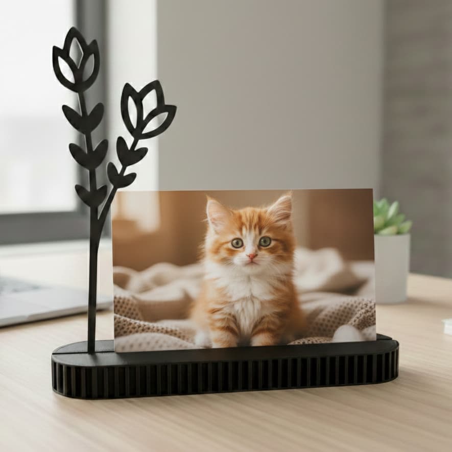 Porta-retrato e porta cartão minimalista com acabamento premium, foto de gatinho em fundo amarelo